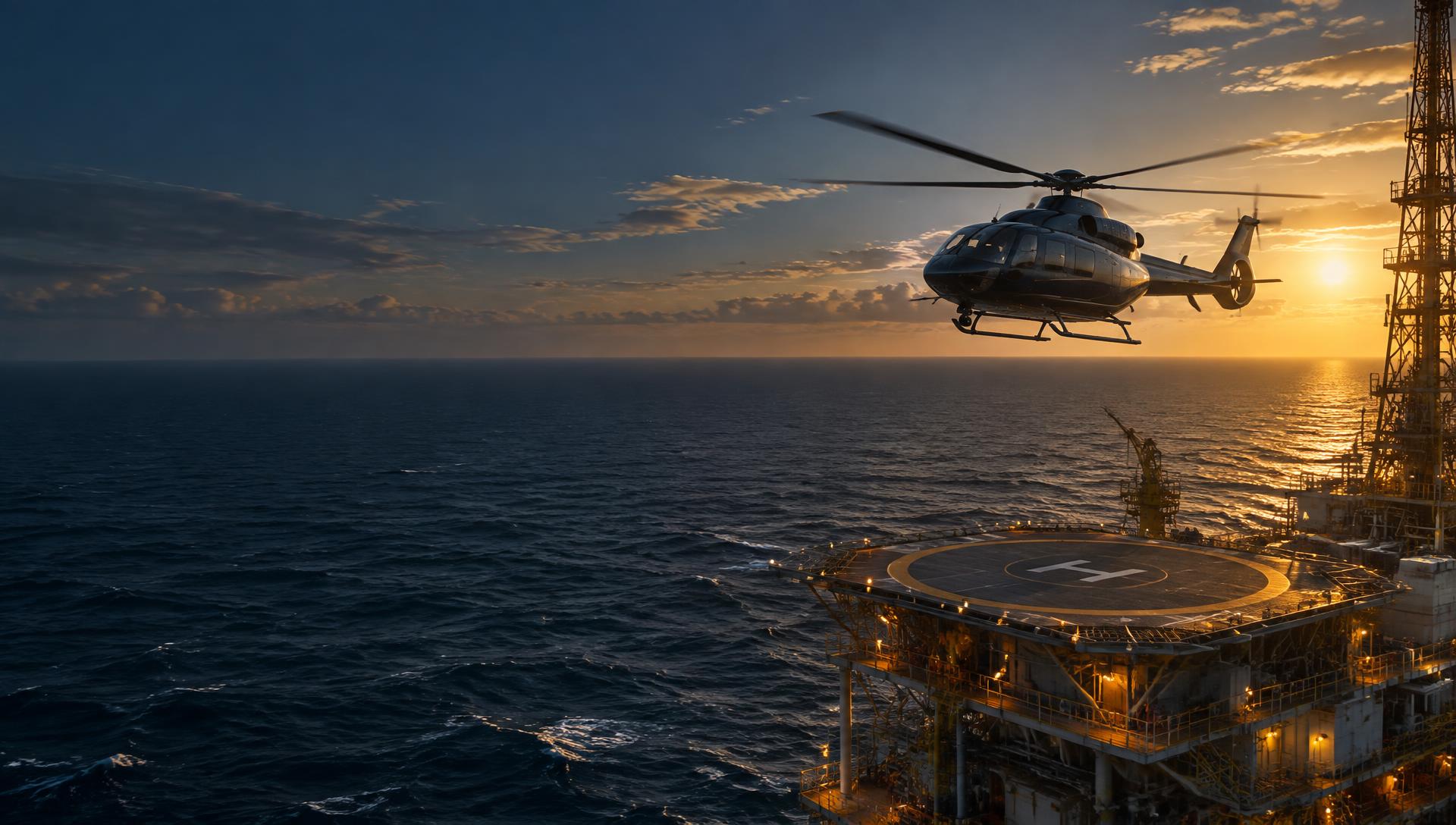 Helicopter approaching an offshore platform